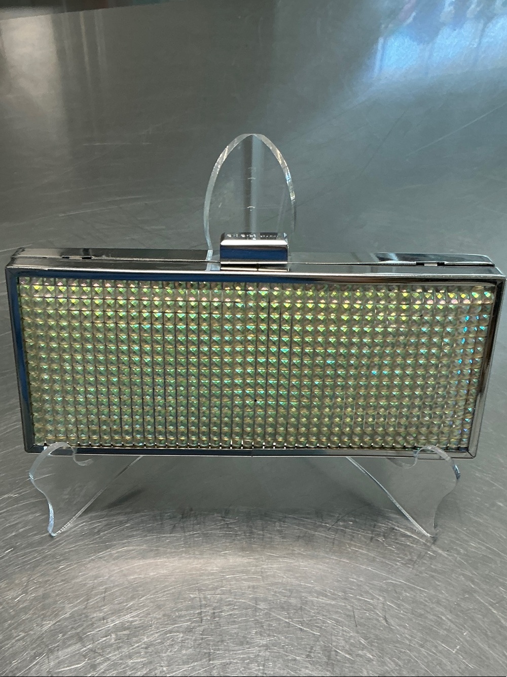 BCBG  Hard shell prismatic yellow/green/pink evening bag.